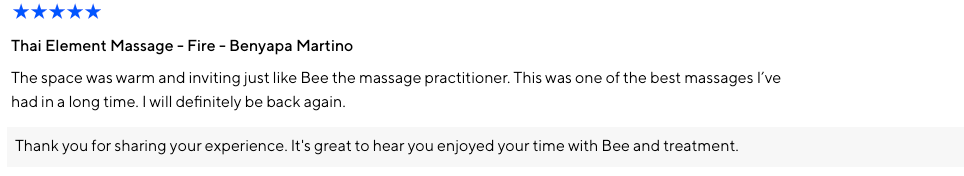 bee martino, benyapa martino, joseph martino5 elements therapy reviews, 5 star reviews, customer feedback, reviews, member reviews, thai massage, thai massage milton, thai massage toronto, milton spa, milton massage, 5 elements therapy, classpass, classpass reviews, google, google reviews