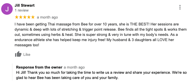 bee martino, benyapa martino, joseph martino, 5 elements therapy reviews, 5 star reviews, customer feedback, reviews, member reviews, thai massage, thai massage milton, thai massage toronto, milton spa, milton massage, 5 elements therapy, classpass, classpass reviews, google, google reviews