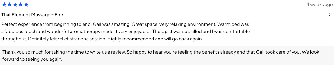 bee martino, benyapa martino, joseph martino5 elements therapy reviews, 5 star reviews, customer feedback, reviews, member reviews, thai massage, thai massage milton, thai massage toronto, milton spa, milton massage, 5 elements therapy, classpass, classpass reviews, google, google reviews