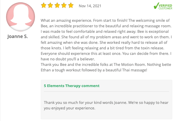 bee martino, benyapa martino, joseph martino, 5 elements therapy reviews, 5 star reviews, customer feedback, reviews, member reviews, thai massage, thai massage milton, thai massage toronto, milton spa, milton massage, 5 elements therapy, classpass, classpass reviews, google, google reviews