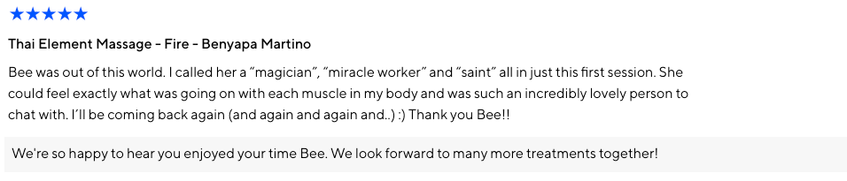 bee martino, benyapa martino, joseph martino5 elements therapy reviews, 5 star reviews, customer feedback, reviews, member reviews, thai massage, thai massage milton, thai massage toronto, milton spa, milton massage, 5 elements therapy, classpass, classpass reviews, google, google reviews