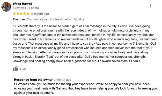 bee martino, benyapa martino, joseph martino, 5 elements therapy reviews, 5 star reviews, customer feedback, reviews, member reviews, thai massage, thai massage milton, thai massage toronto, milton spa, milton massage, 5 elements therapy, classpass, classpass reviews, google, google reviews