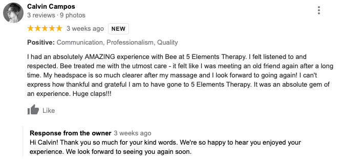 bee martino, benyapa martino, joseph martino, 5 elements therapy reviews, 5 star reviews, customer feedback, reviews, member reviews, thai massage, thai massage milton, thai massage toronto, milton spa, milton massage, 5 elements therapy, classpass, classpass reviews, google, google reviews