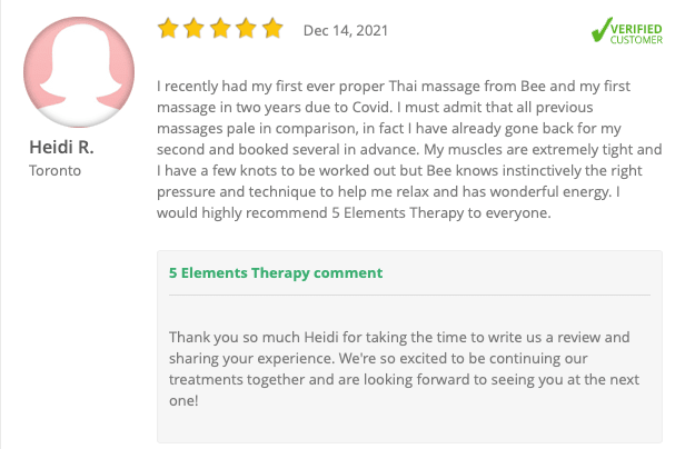 bee martino, benyapa martino, joseph martino, 5 elements therapy reviews, 5 star reviews, customer feedback, reviews, member reviews, thai massage, thai massage milton, thai massage toronto, milton spa, milton massage, 5 elements therapy, classpass, classpass reviews, google, google reviews